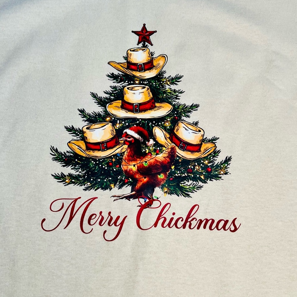 NEW Merry Chickmas Shirt size Large, Christmas, chickens,  gift, fun, cowboy hat